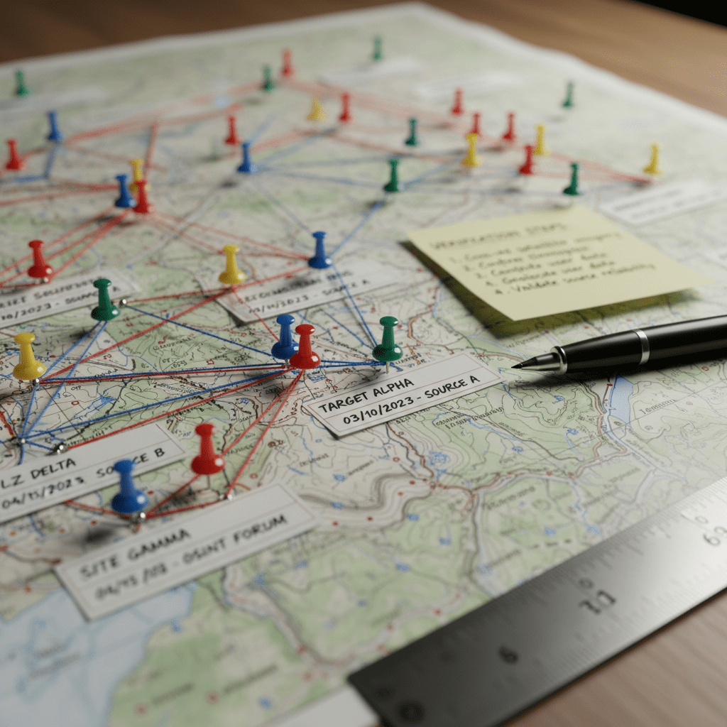 A close-up of a high-resolution printed map spread across a table, covered with precisely placed colored pushpins, thin string connections, and neatly written annotation labels denoting locations, dates, and sources. A metal ruler and fine-tip black pen lie adjacent, with a small sticky note listing verification steps. Overhead neutral lighting casts clean, crisp shadows that emphasize depth and texture in the paper and pins. Photographic realism, shot from a slightly oblique angle with shallow depth of field, focusing sharply on a cluster of pins while the surrounding map gently blurs, creating a focused, investigative mood tied to spatial and temporal analysis in OSINT.