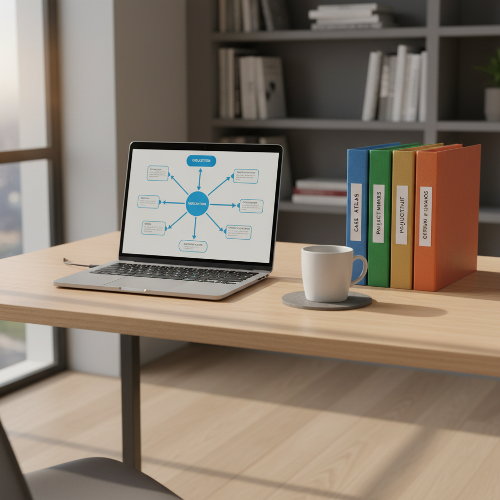 A modern, minimalist home analysis corner featuring a slim laptop on a light-wood desk, its screen displaying a structured OSINT research workflow diagram with arrows connecting stages like collection, verification, geolocation, and reporting. Next to it sits a small stack of color-coded folders labeled with fictional case names, and a clean white mug on a dark coaster. Late afternoon natural light from a nearby window casts warm, soft illumination and long, gentle shadows. Photographic realism with a three-quarter angle and rule-of-thirds composition, background softly blurred with a bookshelf of reference texts, evoking a disciplined yet approachable academic OSINT workspace.