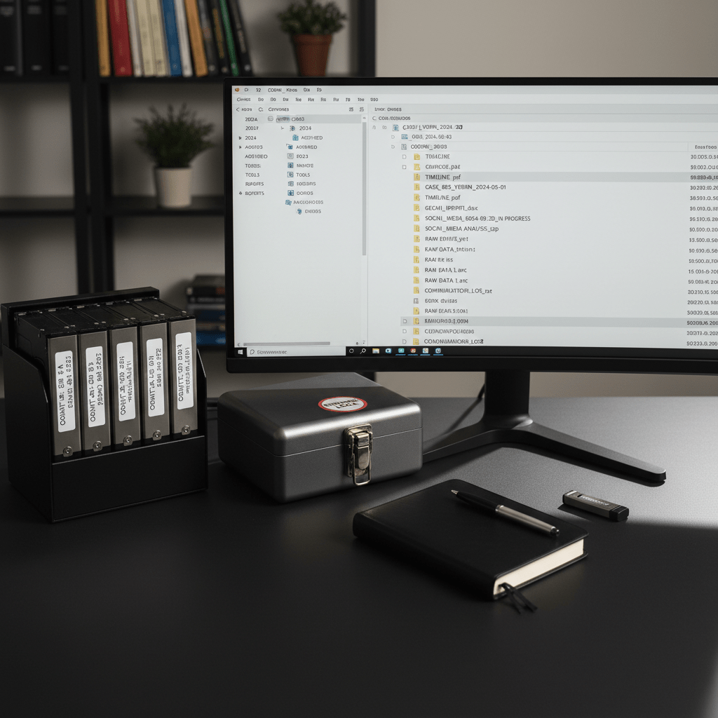 A meticulously organized digital evidence workspace: an external hard drive dock with several labeled drives, a locked metal case with a discreet evidence seal, and a monitor showing a file tree of archived OSINT case folders with clear naming conventions and date stamps. The desk surface is matte black, with a single closed notebook and an encrypted USB drive aligned precisely. Neutral, soft studio lighting from the right creates gentle highlights and a professional, clinical atmosphere without harsh contrast. Photographic realism, eye-level composition with a moderate depth of field, emphasizing order, security, and disciplined information handling in an OSINT portfolio context.